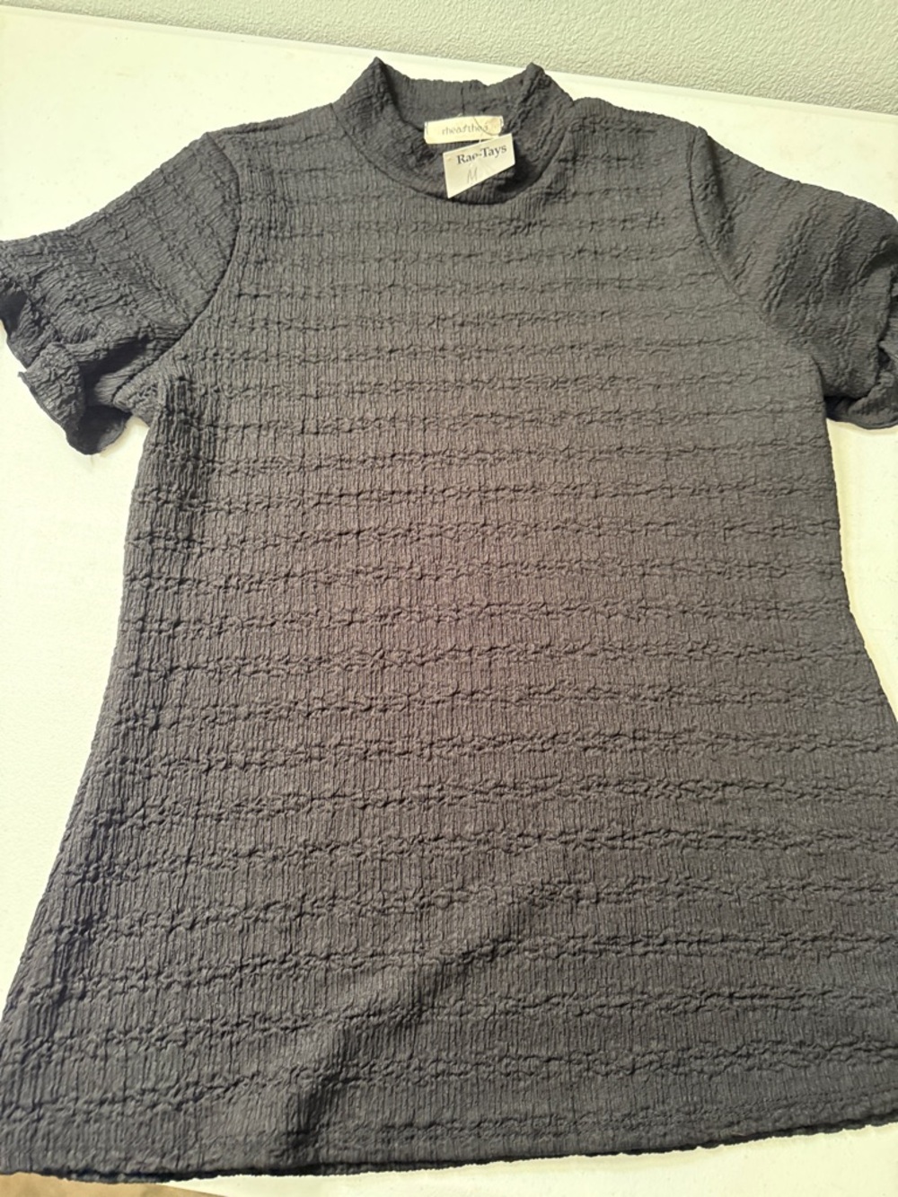 Mock Neck Textured Short Sleeve Top — Charcoal